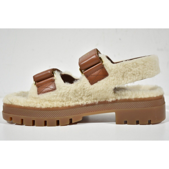 Celine Leo Scratch Sandal Shearling Fur Tan Leather Logo Strap Platform Flat 37 - Picture 8 of 12